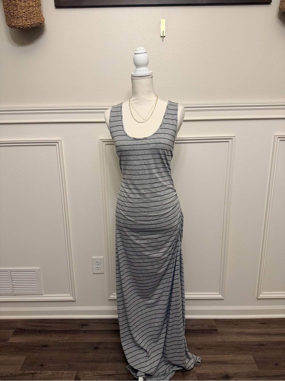 Athleta Light Gray and Dark Gray Striped Scoop Neck Maxi Dress